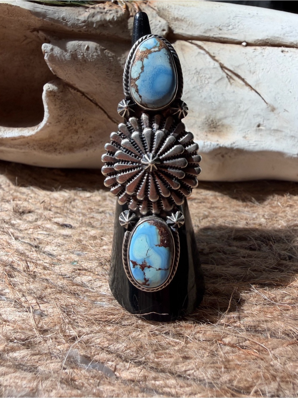 Samual Yellowhair Navajo Sterling Silver Golden Hills Turquoise Statement Ring - Picture 2 of 9